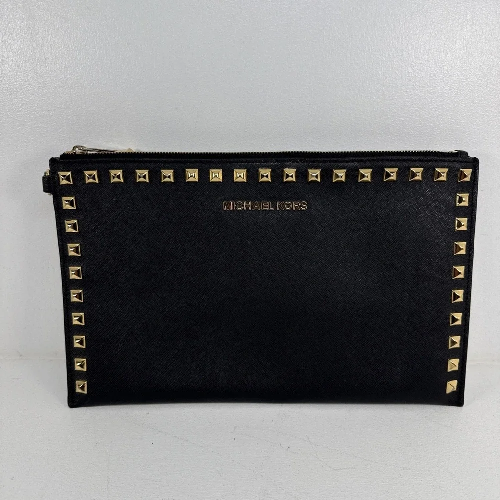 Michael Kors XL Zip Clutch Wallet Leather Gold Studded Logo Wristlet Black